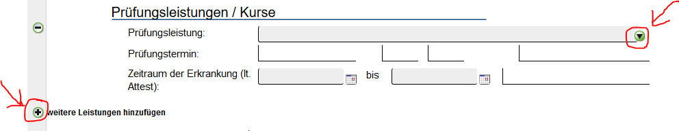 Abbildung 3: Dropdown-Feld zur Auswahl der Prüfung uns Hinzufügen weiterer Prüfungsabmeldungen Abbildung 3: Dropdown-Feld zur Auswahl der Prüfung uns Hinzufügen weiterer Prüfungsabmeldungen